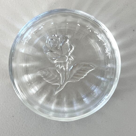 Vintage LB Italy Trinket Box Raised Rose Lid Pressed Clear Glass Vanity Jar EUC - Picture 4 of 11